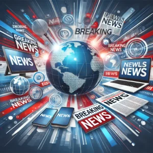 A professional and engaging header image for a news article, featuring global news elements like a globe, digital devices (laptop, smartphone), and ne